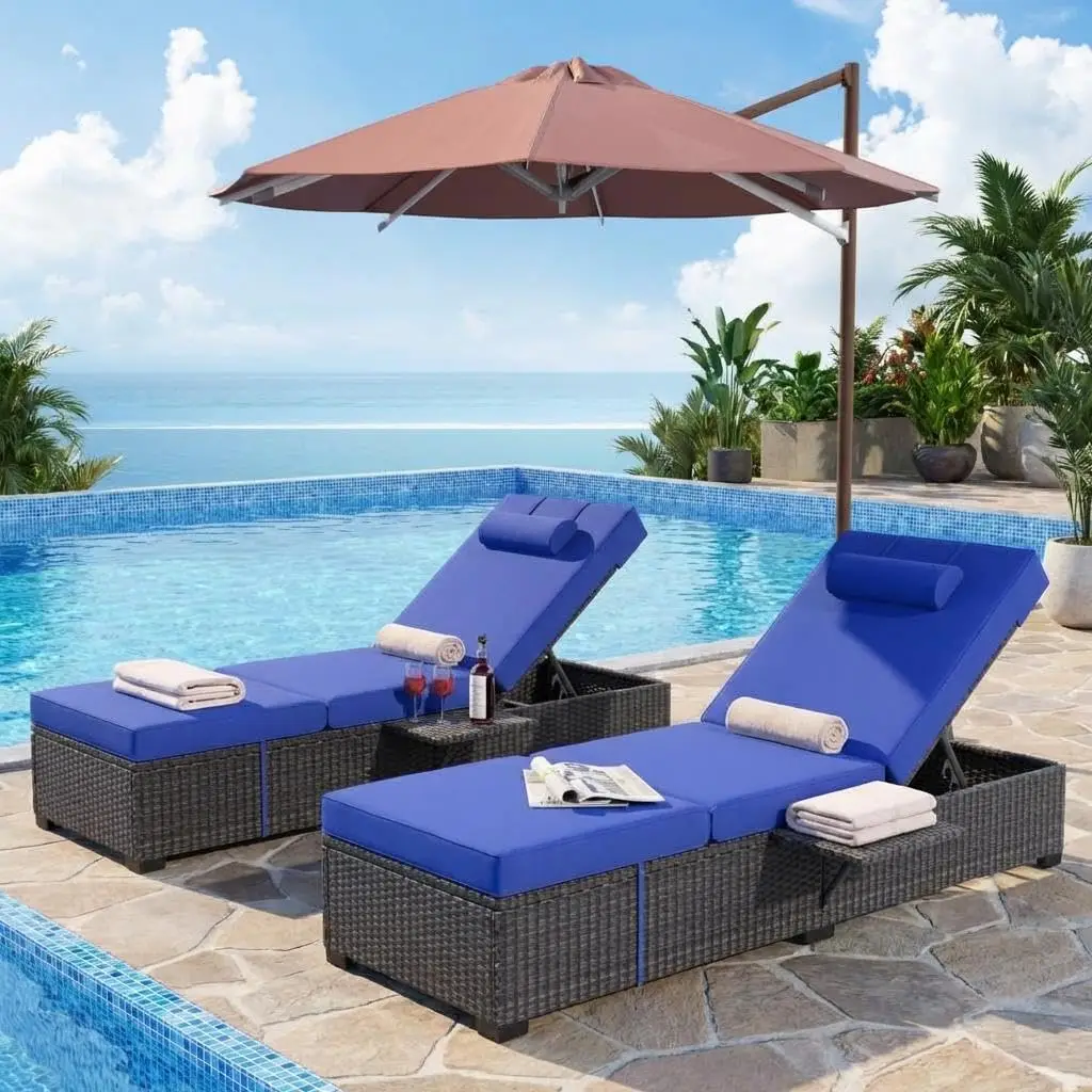 Adjustable Chaise Lounge Chairs, 5-Position Rattan Recliners with Cushion & Headrest, All-Weather Wicker Customized