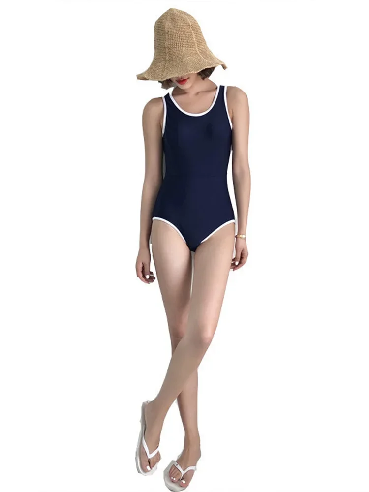เซ็กซี่VINTAGE Blue One Pieceชุดว่ายน้ําผู้หญิงสูงเอวBackless Beachบิกินี่แน่น 2025 ฤดูร้อนใหม่ชุดว่ายน้ําOne Pieceชุดว่ายน้ํา