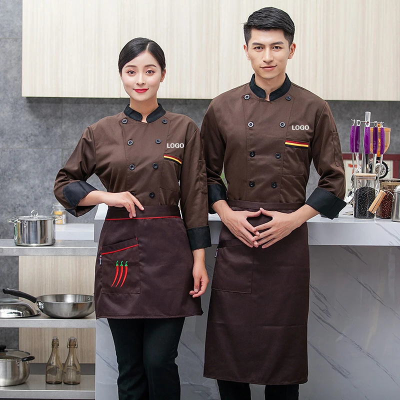 Chef-Koks Jas Mannen Lange Mouwen Shirt Schort Hoed Bakkerij Kok Jas Unisex Keuken Gebak Kleding Restaurant Kelner Uniform Vrouwen Logo