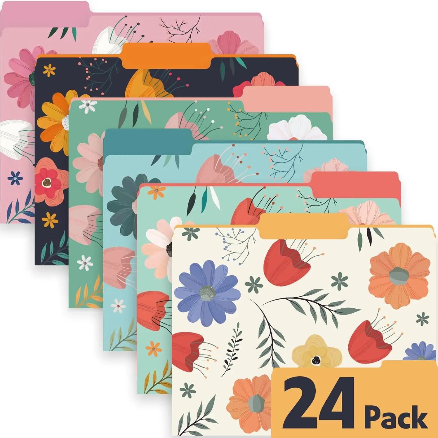 

24 Pack Decorative File Folders, 1/3 Cut Tab Floral Colored Folders Letter Size 8.8 x 11.6 Inch, Assorted 6 Styles Filing Folder