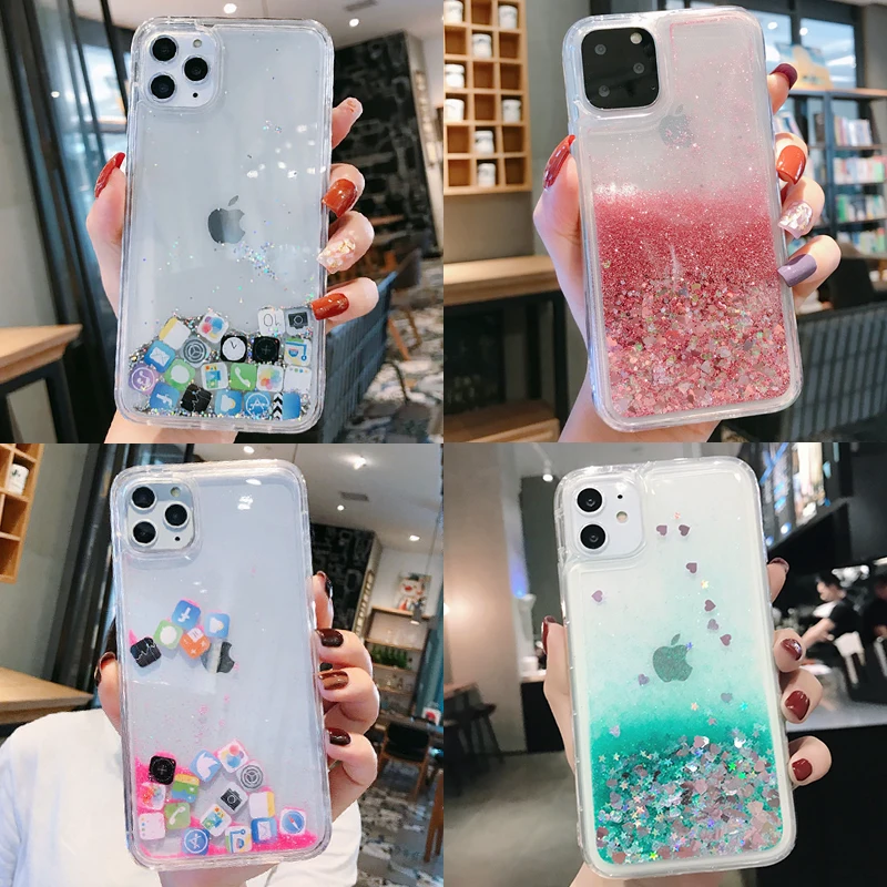 Glitter Sequins Love Heart Phone Case for iPhone 13 12 11 Pro XS Max X XR 6 7 8 Plus SE Clear Dynamic Liquid Case APP icon Cover