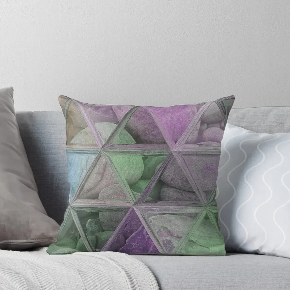 Geometric Abstract Art Maximalist Style Boho Vibes Triangles Mosaic over Colorful Beach Pebbles 2 of 2 Throw Pillow