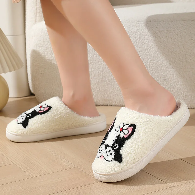 Pet Pattern French Bulldog Embroidery Stuffed Home Platform Cozy Furry Cotton Slippers Cute Warm Non-slip Indoor Slippers