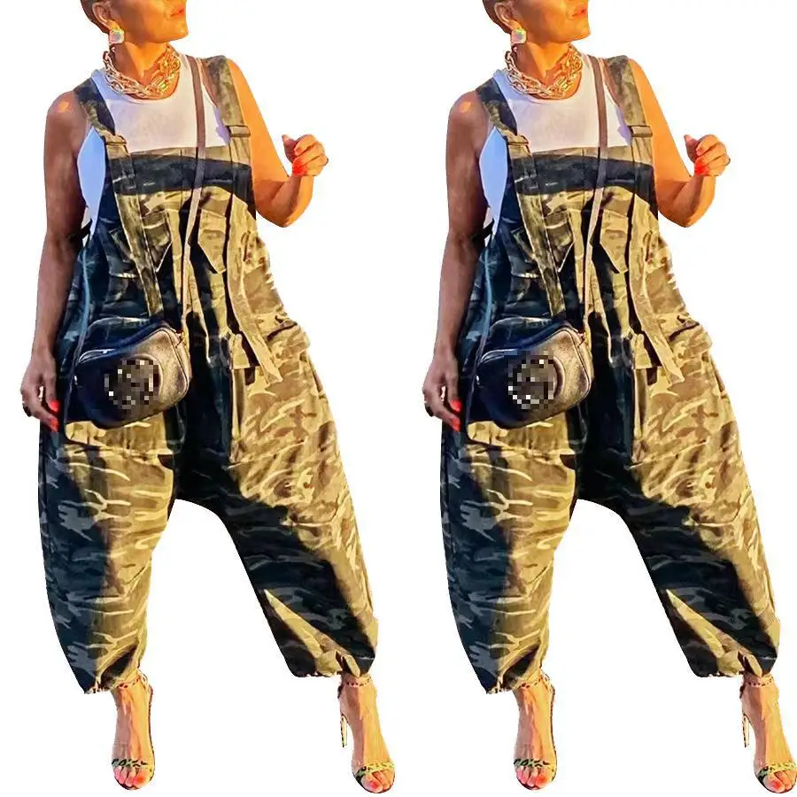 Getspring Womens Jumpsuit  2024 Loose Long Rompers Spring Summer New Sleeveless Backless Camouflage Printed