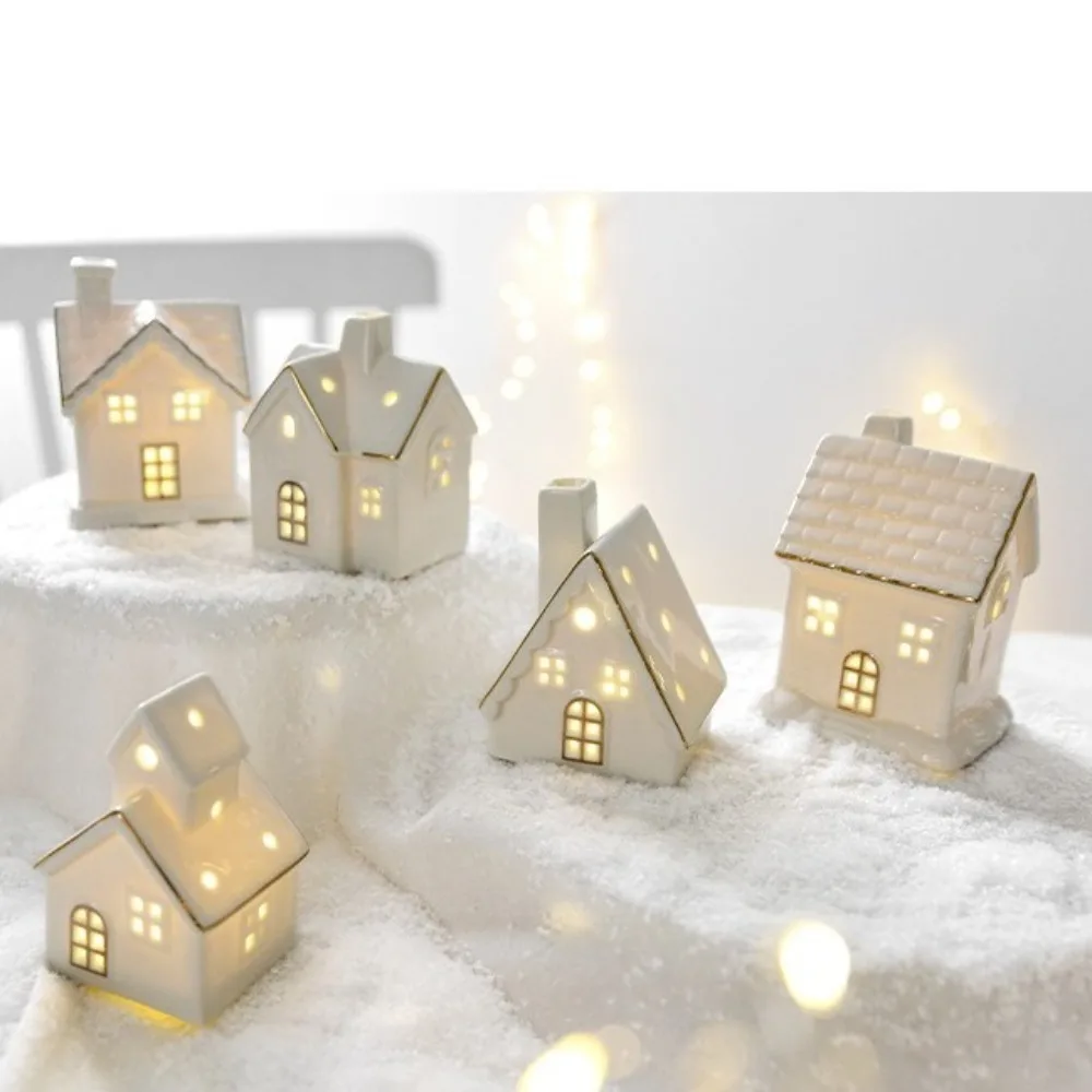 LED Light Up Christmas Village Houses Ceramic with Christmas Trees Porcelain Village House White Tabletop Ornaments Winter Decor