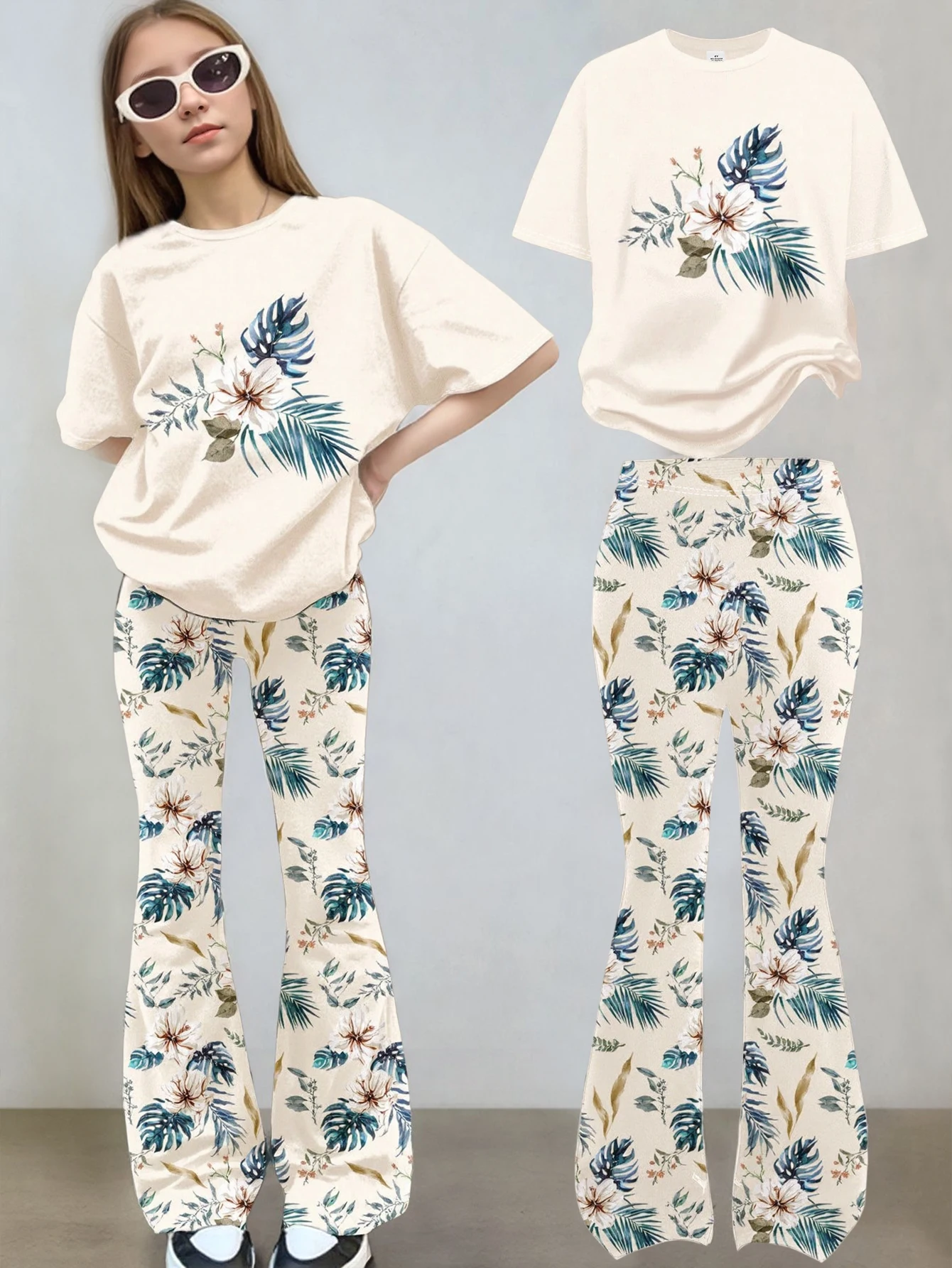2-teiliges Frühlings-/Sommer-Outfit-Set für Mädchen: Kurzarm-T-Shirt mit lustigem Aufdruck + gerade geschnittene Schlaghose mit Blumenmuster, modische und elegante Kinderkleidung im Urlaubsstil,