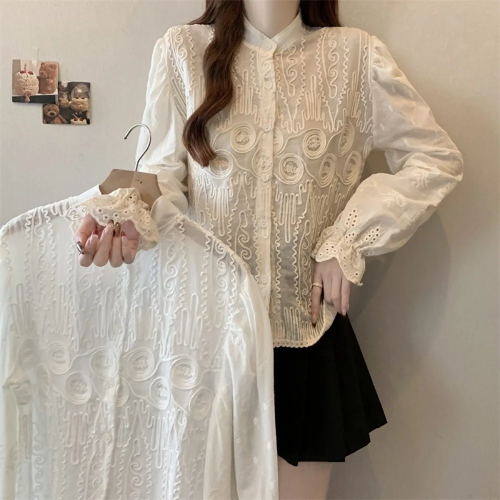 Vintage doux lourd décontracté à manches longues femmes chemise broderie printemps nouveau tout-match Blusas chemises littéraires exquises