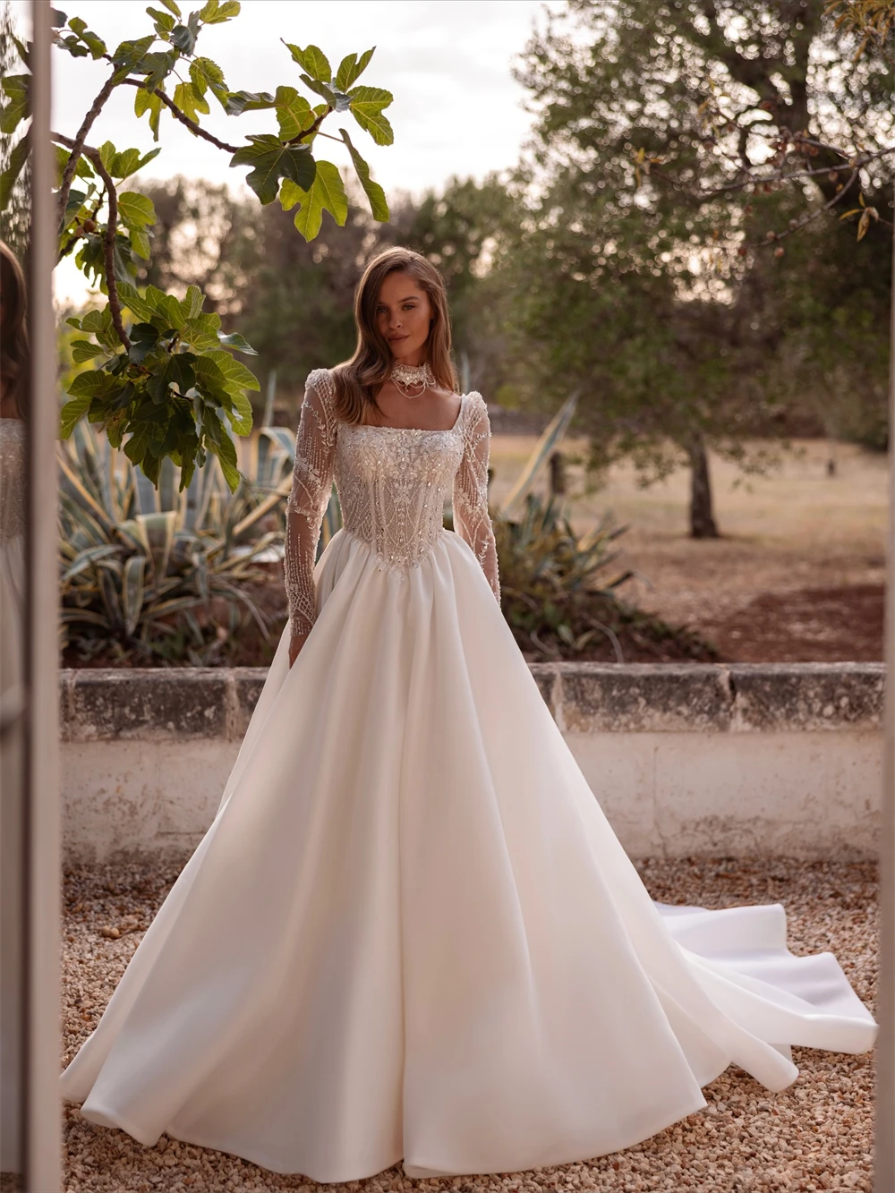 Customized Boho White Satin Wedding Dress Sexy Square Collar Long Sleeves Bridal Gown Soft A-Line Chapel Train Vestido De Novia