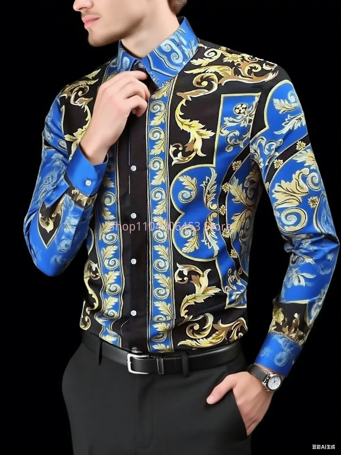 Men's European Court Teng Man 3D Printed Shirt High-end Lapel Long Sleeve Casual Business Fashion Party Shirt Outdoor Clothes