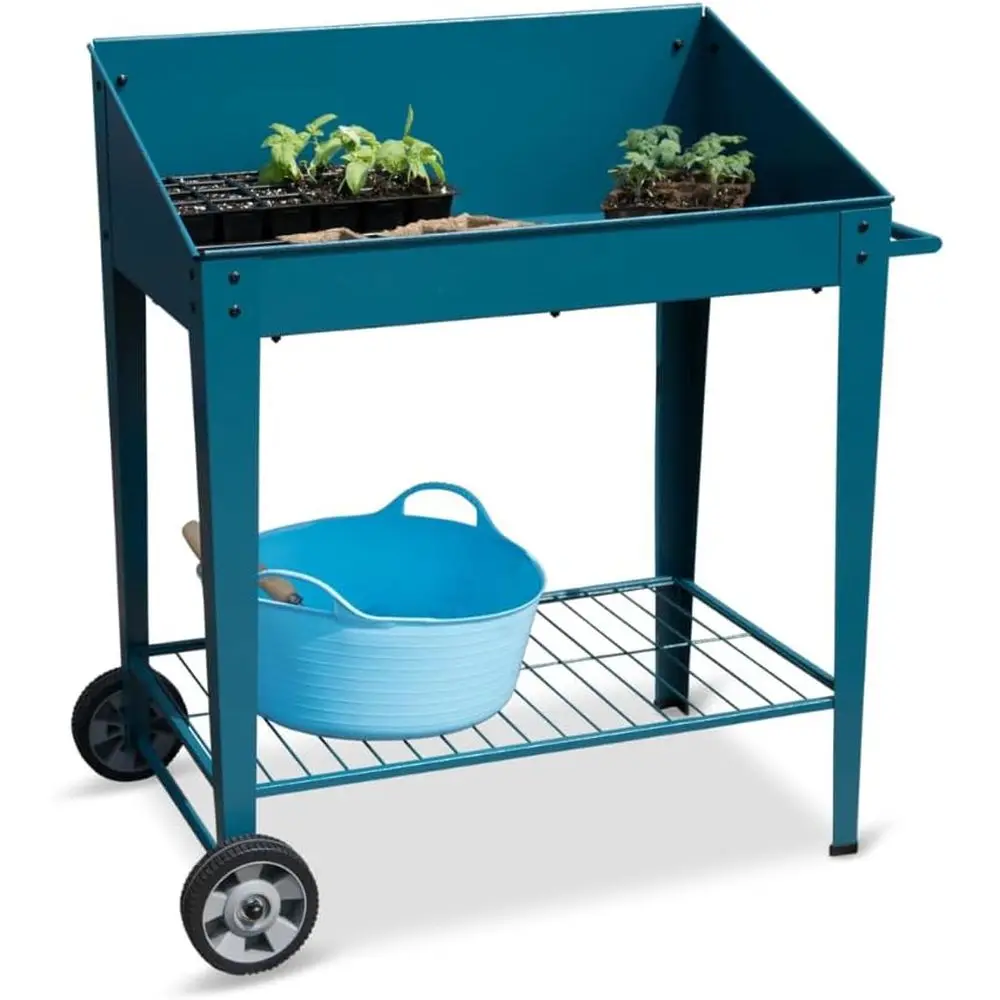 Demeter Metal Potting Bench with Wheels | Heavy Duty Outdoor Garden Work Table Workbench Workstation with Side Metal Sidewalls |