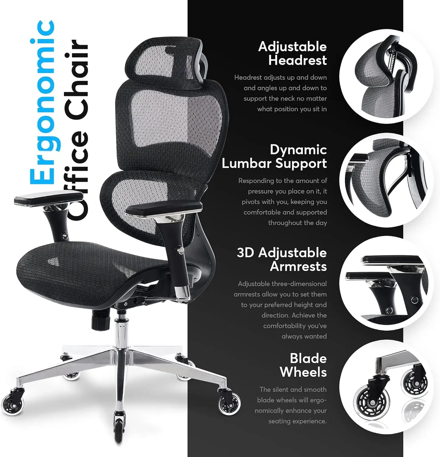 Chair with 4D Adjustable Armrest, 3D Lumbar Support, Blade Wheels, Mesh Computer Gaming Executive Swivel Chairs Chair (Black)