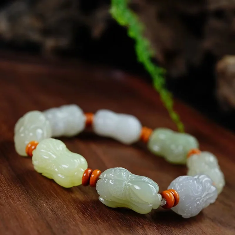 Natural Hetian Jade Hundred Wealth Multi-Treasure Unisex Single Loop Bracelet
