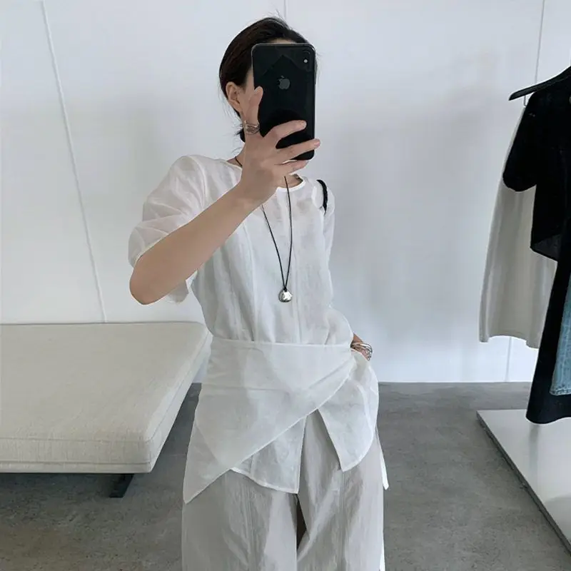 

TG Design Thin irt Women's Bubble Sve Tie-Detail Layering Summer New Sle 2025 Spring Loose Fit round Ne Zipper Closure