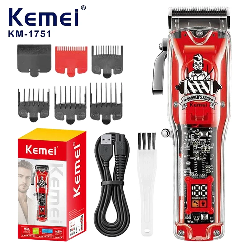 Kemei KM-1751 Rechargeable Hair Cutting Machine Barber Shop  Hair Clippers Cordless Trimmer Transparent Cover Red