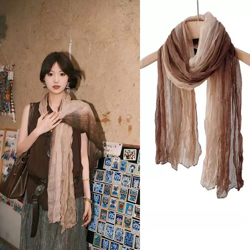 Crinkle Scarf Women Vintage Ombre Gradient Shawl Wrap Daily Wear Breathable Spring Autumn Soft Photo Shooting Lady Scarf Travel