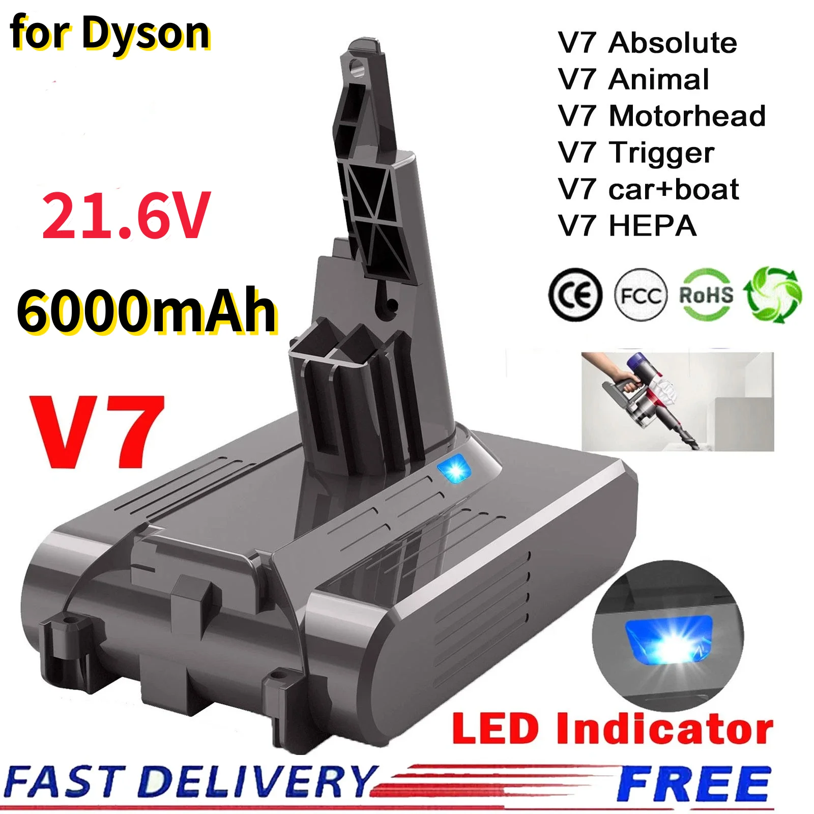 Für Dyson V7 Akku 21,6V 6000mAh Lithium FLUFFY V7 Animal V7 Pro 225403 229687 Werkzeuge Wiederaufladbarer Akku