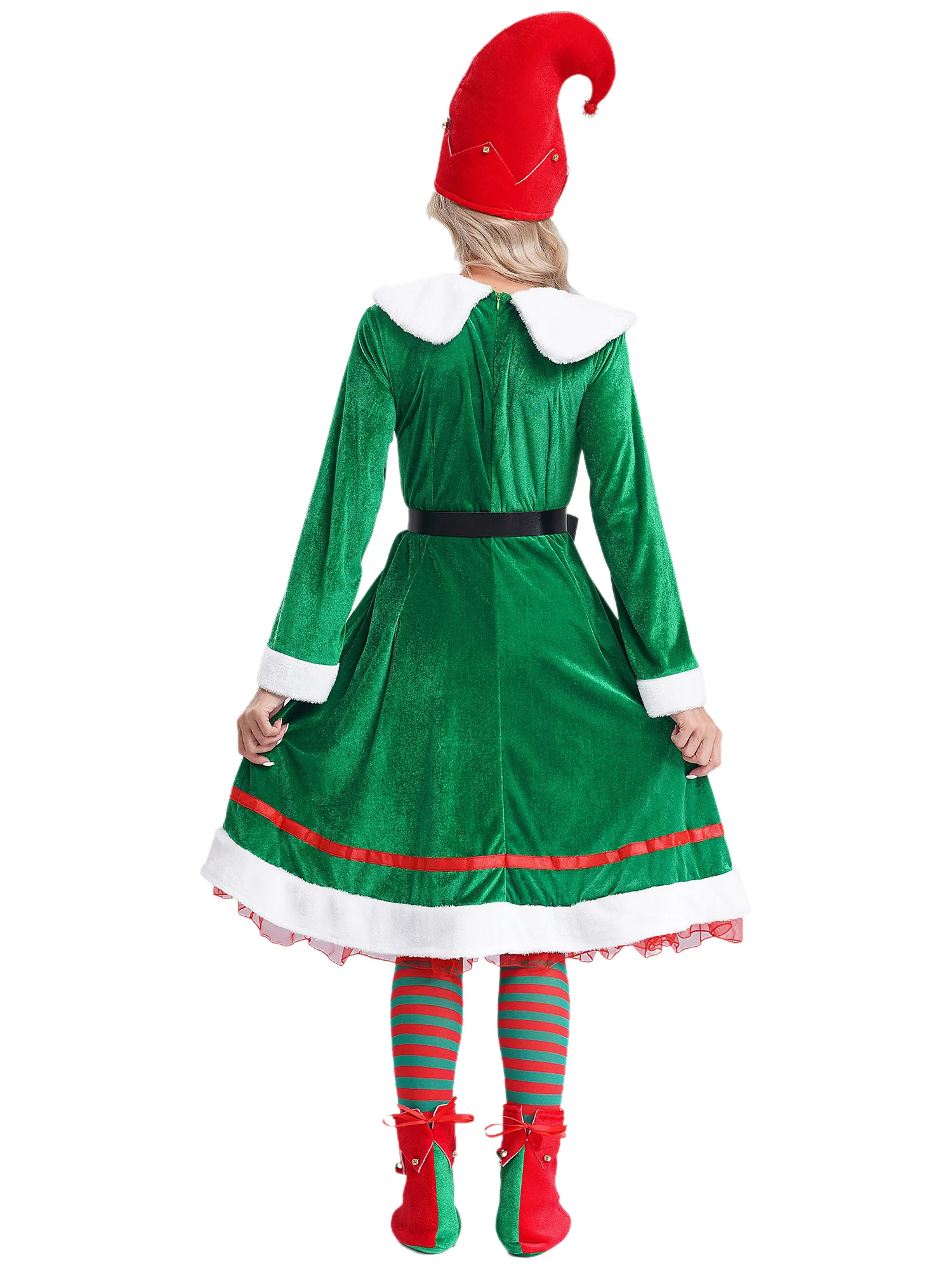 Disfraz de elfo de Navidad para mujer, disfraz de ayudante de Papá Noel, vestido de franela de manga larga, conjunto de Cosplay, traje de terciopelo para fiesta navideña, 5 uds.