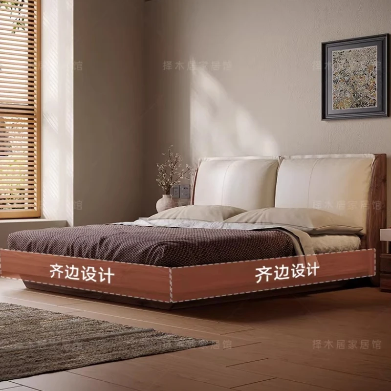 Mid century solid wood Double bed 180x200cm genuine leather elegant design bed 2 people camas de dormitorio hotel furniture