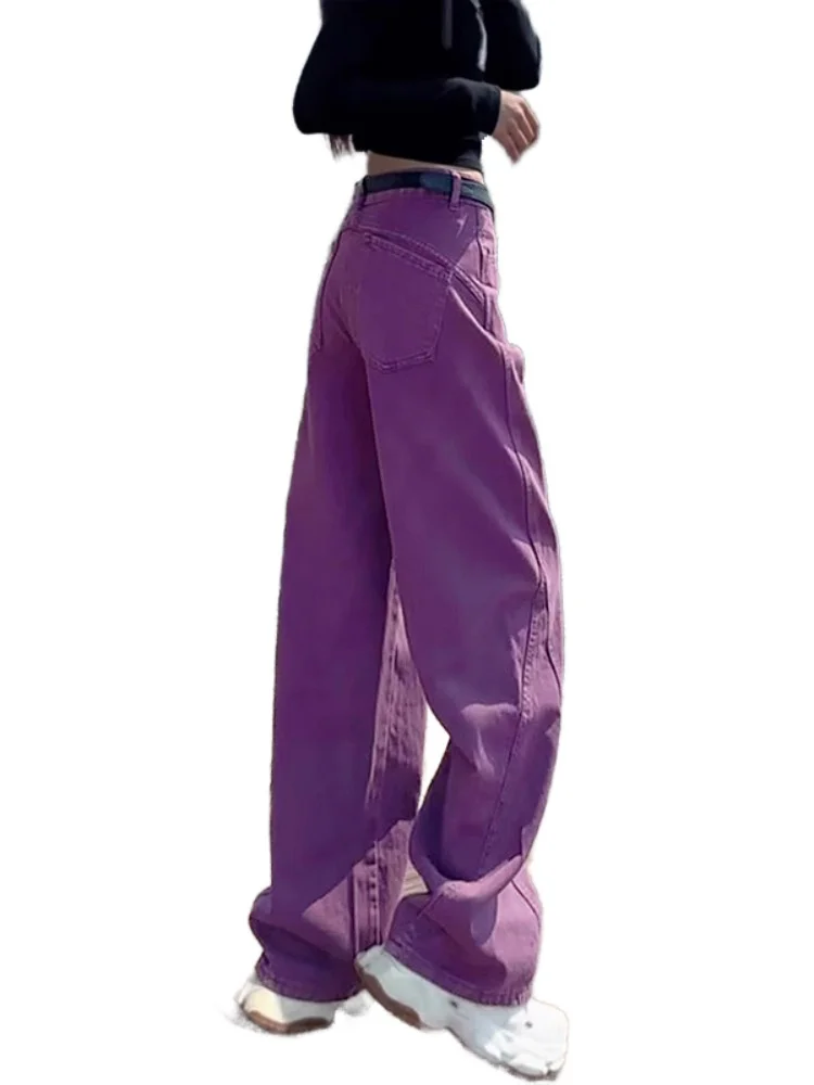 Spodnie jeansowe plus size w kolorze fioletowym, luźne, z wysokim stanem, wyszczuplające, proste nogawki, codzienne, wygodne, dżinsowe, jesienne modne.