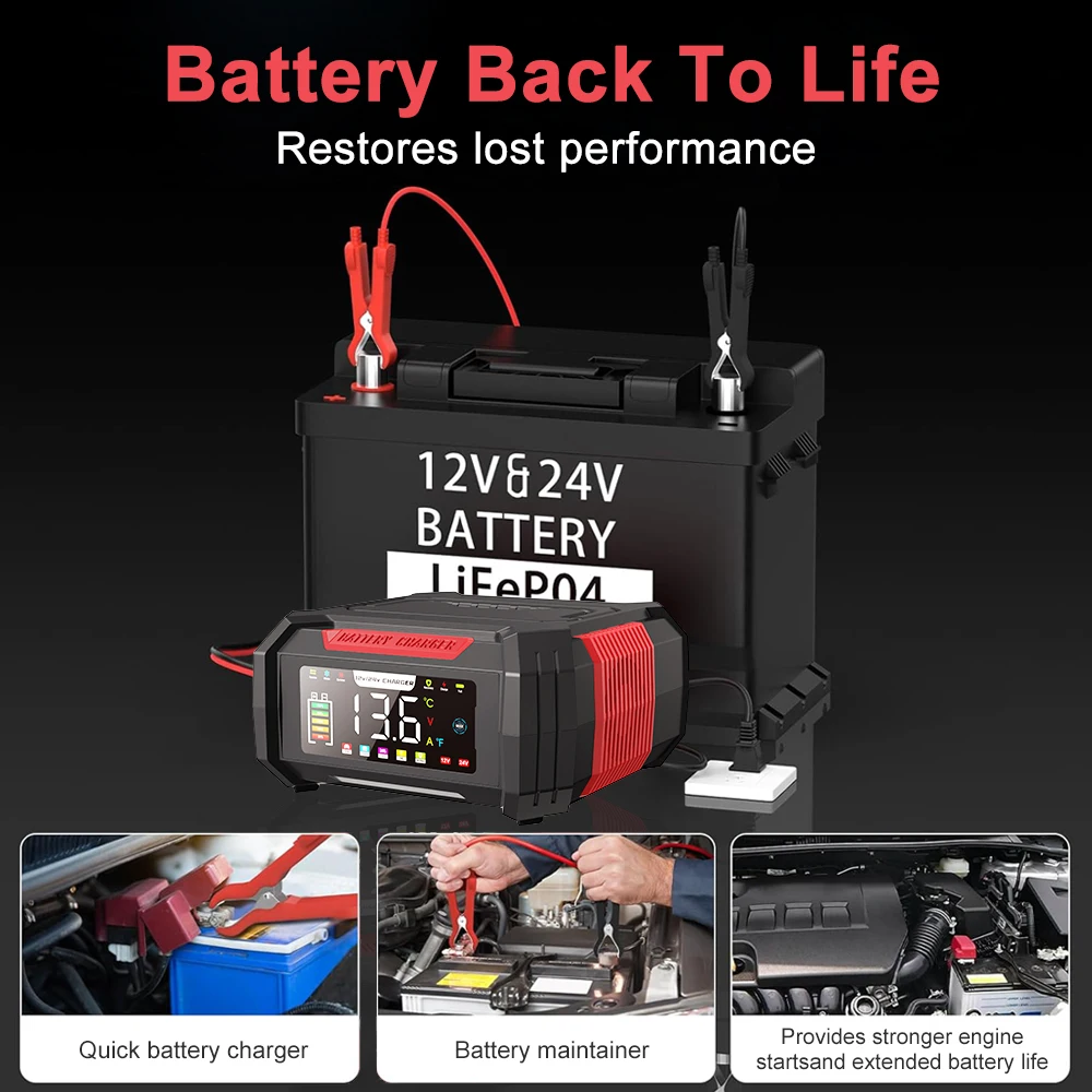 Upgraded 15A/8A Smart Battery Charger 9-Stage Fast Charge Pulse Repair for Car Motorcycle SUV Lead-Acid Lithium LiFePo4 Battery