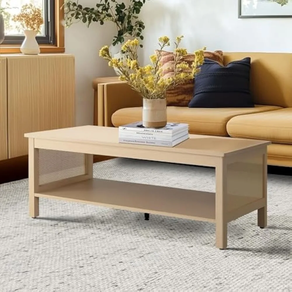 INK+IVY Coffee Table for Living Room Farmhouse Minimalist Design with Storage Shelf, Rattan Accent Sides, Modern Farmhouse Small