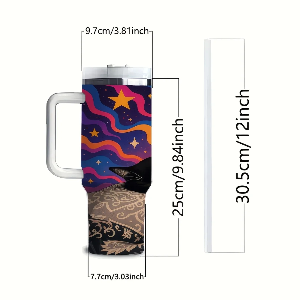 1pc Halloween 40Oz Insulated Tumbler with Handle And Straw, Cute Sleeping Tuxedo Cat Starry Swirl Pattern Water Cup for Home Office Car Travel Outdoor Camping Daily Drinking Use