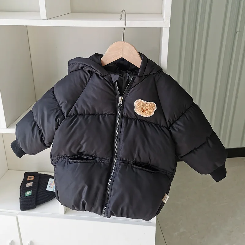 2024 Toddler Baby Boys Winter Cotton Overcoat Thicken Patchwork Cartoon Bear Kid Girl Outerwear Cute Ear Hat Warm 1-6Y Boys Coat