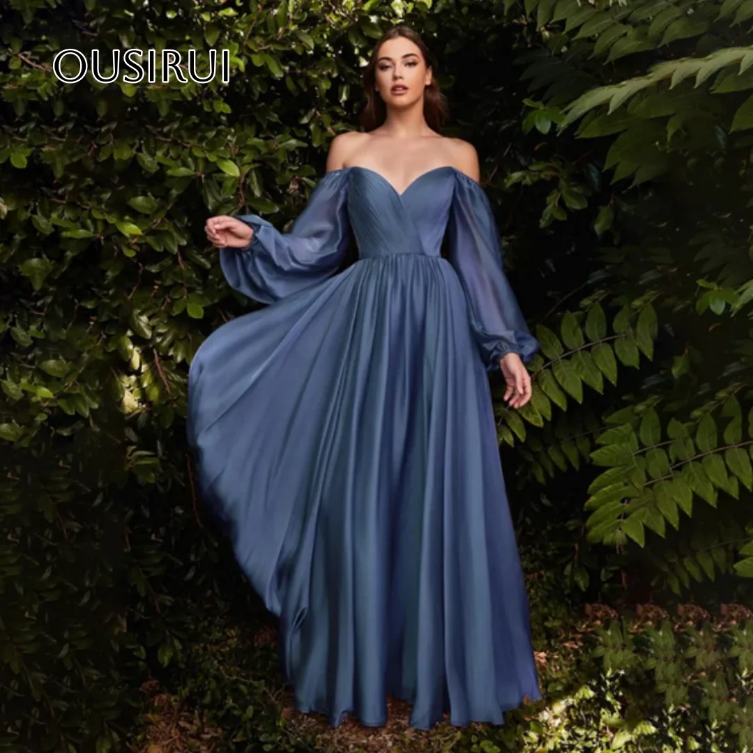 

Long Sleeves Pleated Graduation Prom Gowns Robe de Soiree Elegant A-Line Evening Dresses Wedding Sweep Train Party Dresses