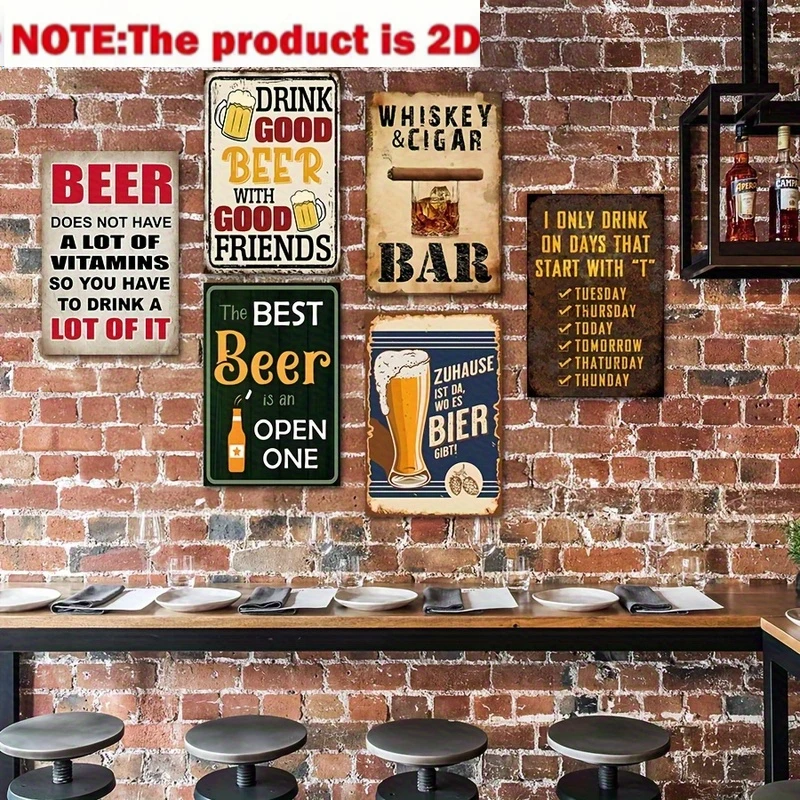Vintage Bar Beer Whiskey Cigar Metal Tin Sign 8x12 in,6Pcs 2D Flat Alcohol Quote Pub Cafe Man Cave Iron Plaque Wall Decor