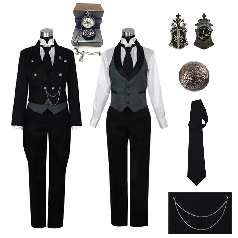 

Anime Kuroshitsuji Sebastian Michaelis Cosplay Black Butler Cosplay Costume Unisex Uniforms 8 Piece with Tattoo Sticker