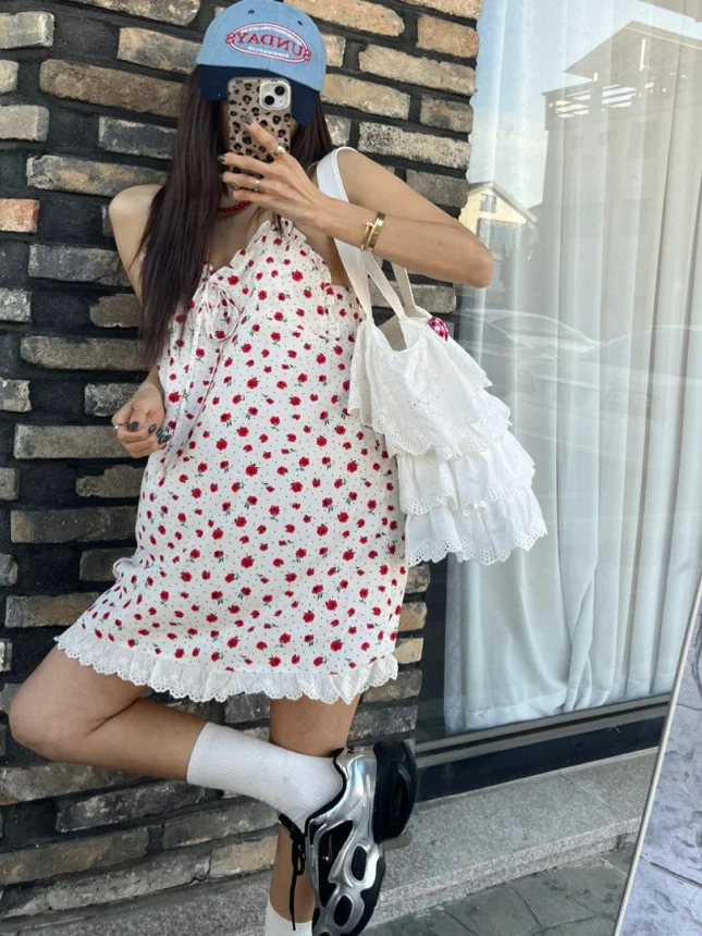 Zoete bloemenprint strapl kanten rand Dr dames zomer casual losse taille geen Sve V-Ne lange Dr-jurk