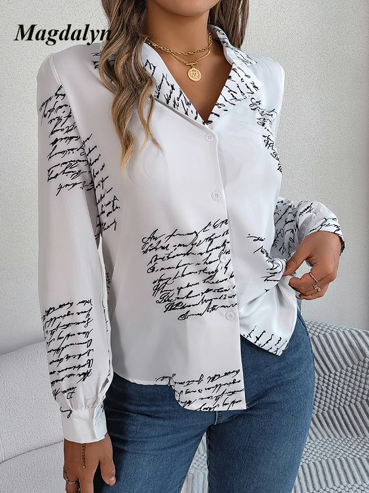 Magdalyn Women Fasion Office Chiffon Buttons Blouse And Shirt Lapel Letters Basic Lady Shirts Casual Streetwear Long Sleese Tops