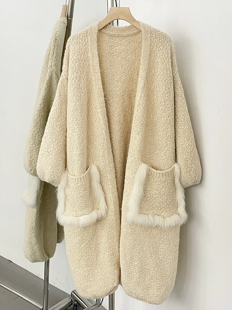 

Women New Spring Autumn Knitted Clothes No Placket Long Sleeves Knitwear Jacket Long Real Fox Fur Pocket Cardigan Sweater