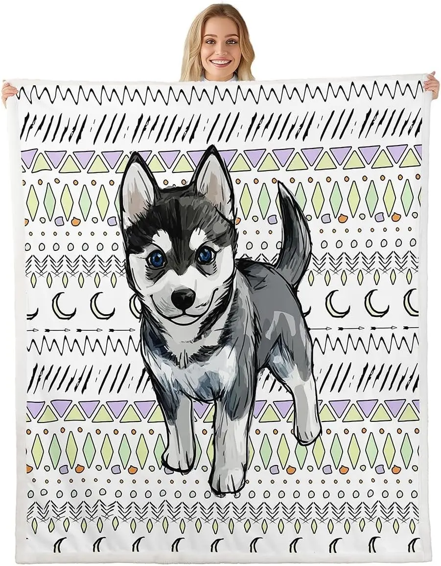 Husky Dog Pattern Blanket Soft Fleece Throw Pet Lover Gift Home Decor Cozy Bedding for Dog Owners Living Room Decoration