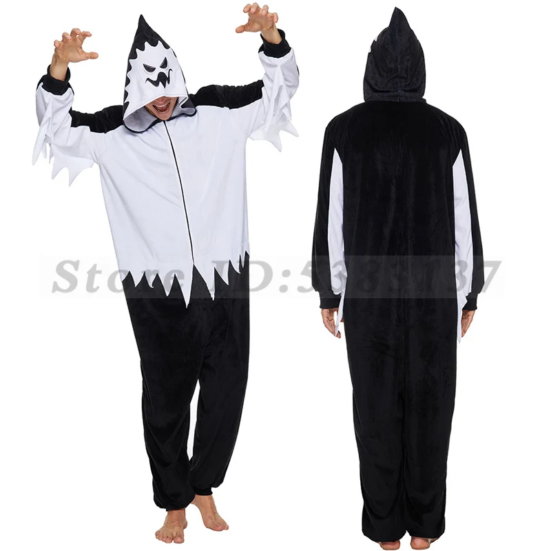 Adult White Ghost Cosplay Pajamas Men Onesies Hooded Women Jumpsuits Sleepwear Halloween Role Play Costume Carnival Fancy Dress