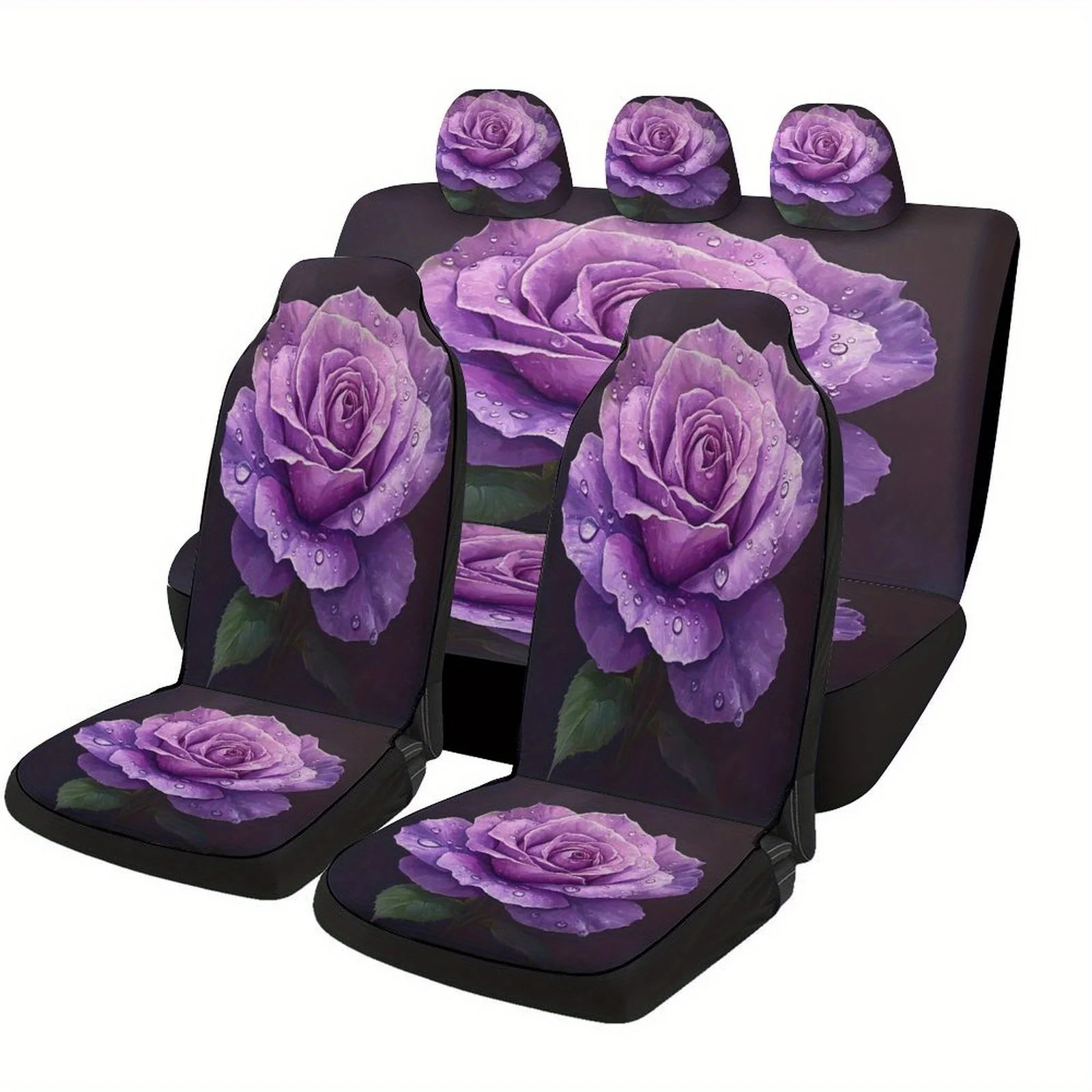 

Set Of Car Seat Covers Featuring A Purple Rose Design With Dew, Suitable For Various Vehicles, Stylish And Unique, This Full Set