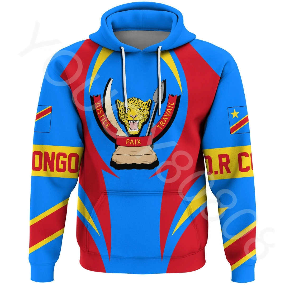 New African Region Democratic Republic of Congo Action Flag Hoodie Retro Harajuku Sports Casual Print Crew Neck Sweater