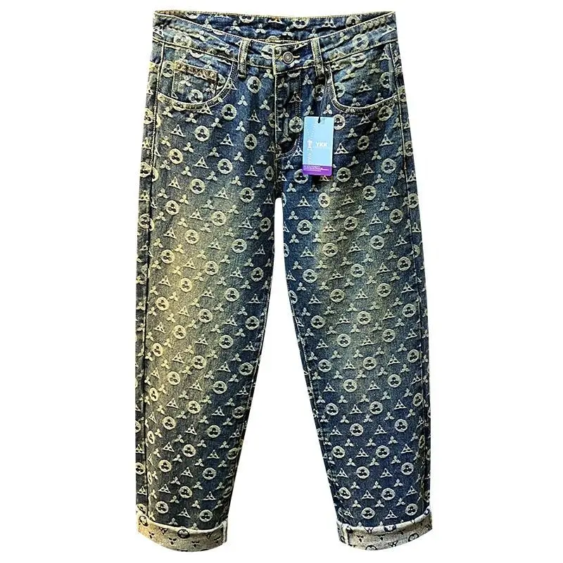 High Street retro high-end jacquard jeans men's trendy brand loose straight new pants