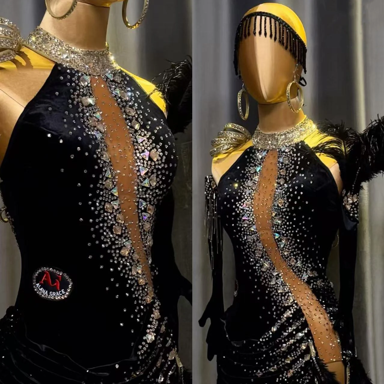 

Латинская танцовщица для взрослых и детей, элитное индивидуальное платье Dawn Black Feather Tango Samba AB Stone Performance Dress