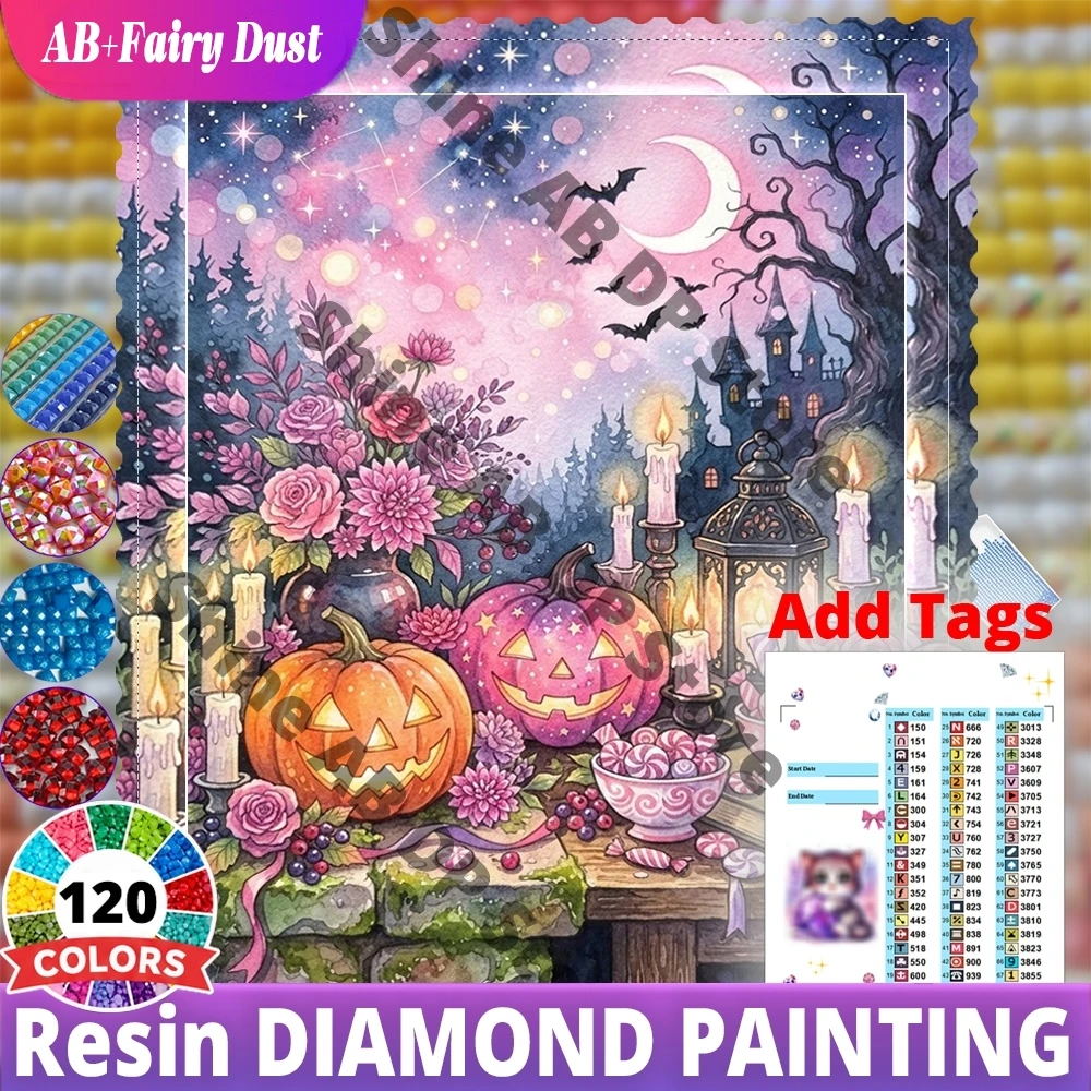 120 Color Resin Fairy Dust AB 5D Diamond Painting Pink Halloween Pumpkins Candles Full Square StillLife Cute Mosaic Wall Decor