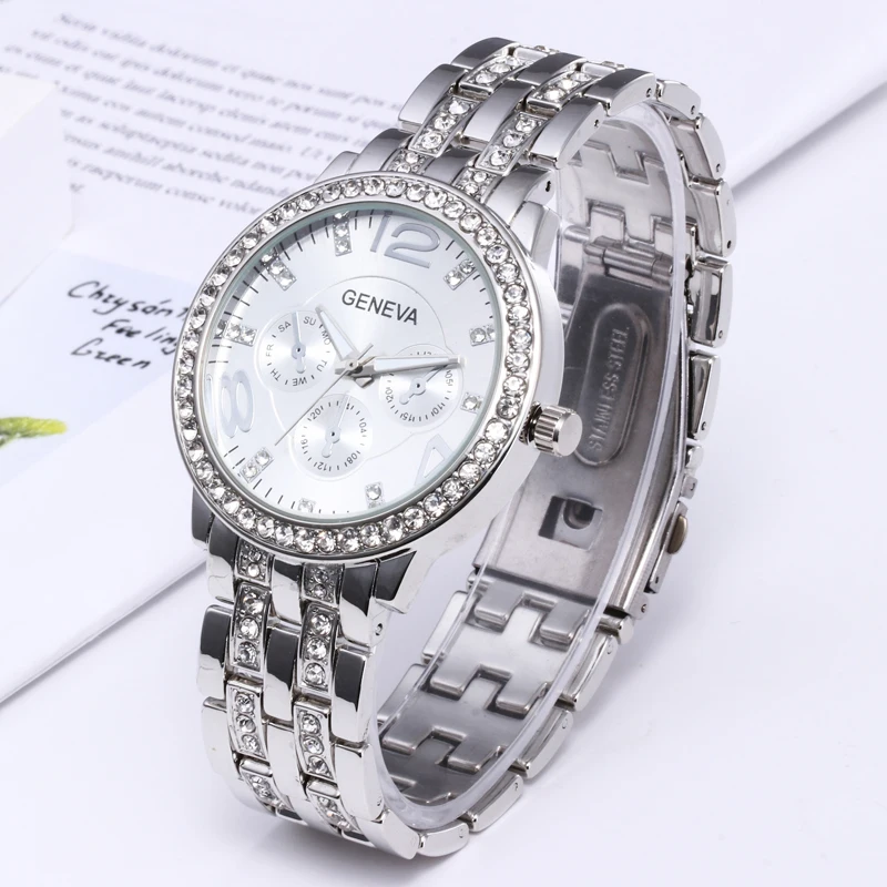 Hot selling Geneva women's alloy steel strap watch with three eyes and six needles set with diamonds, women's fashionable bracel