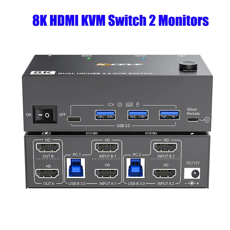 

KVM-переключатель 8K HDMI, 2 монитора, 2 компьютера, двойной монитор hdmi2.1 KVM-переключатель с 4 концентраторами USB 3,0 для клавиатуры, мыши, принтера