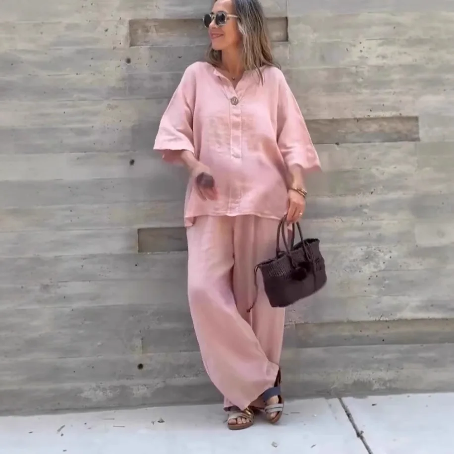 

Новинка 2025, женская одежда, модные однотонные повседневные брюки из хлопка и льна, ансамбль Femme 2 Pièces Été