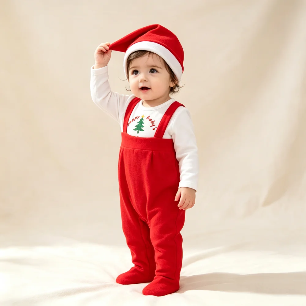 Baby Girls Boy 2Pcs Christmas Outfit Long Sleeve Red Footed Romper with Hat Newborn Infant Xmas Santa Claus Party Clothes