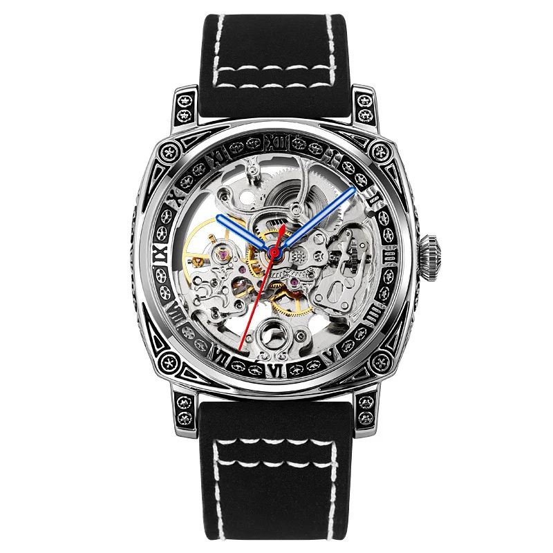 Men's Square Carved Watch Waterproof Belt Double Hollowing Automatic Mechanical Watch for Man Fashion High-end Male Wristwatch