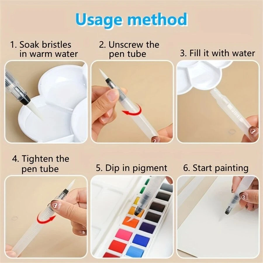 3-18 watercolor brush set, white nylon, with water storage function, DIY painting tools, suitable for school and outdoor use