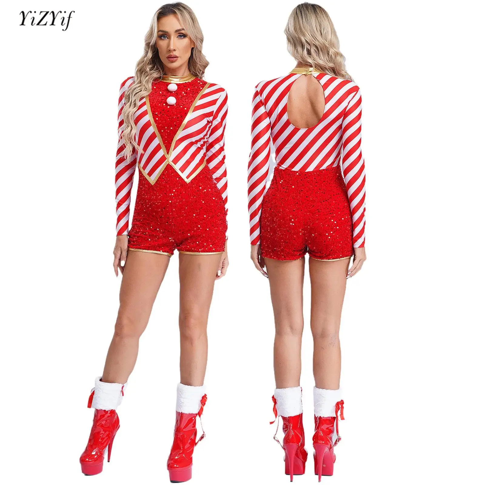 

Women Christmas Costume Long Sleeve Stripes Sequins Pompoms Jumpsuit Christmas Party Candy Cane Santa Claus Cosplay Costumes