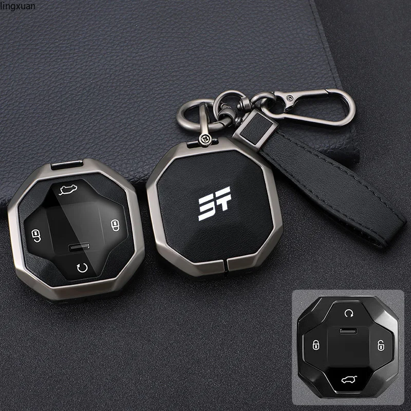 

Zinc Alloy + Leather Car Key Case Cover For Chery Jetour T2 4 Buttons Smart Key Proection Shell Bag Holder