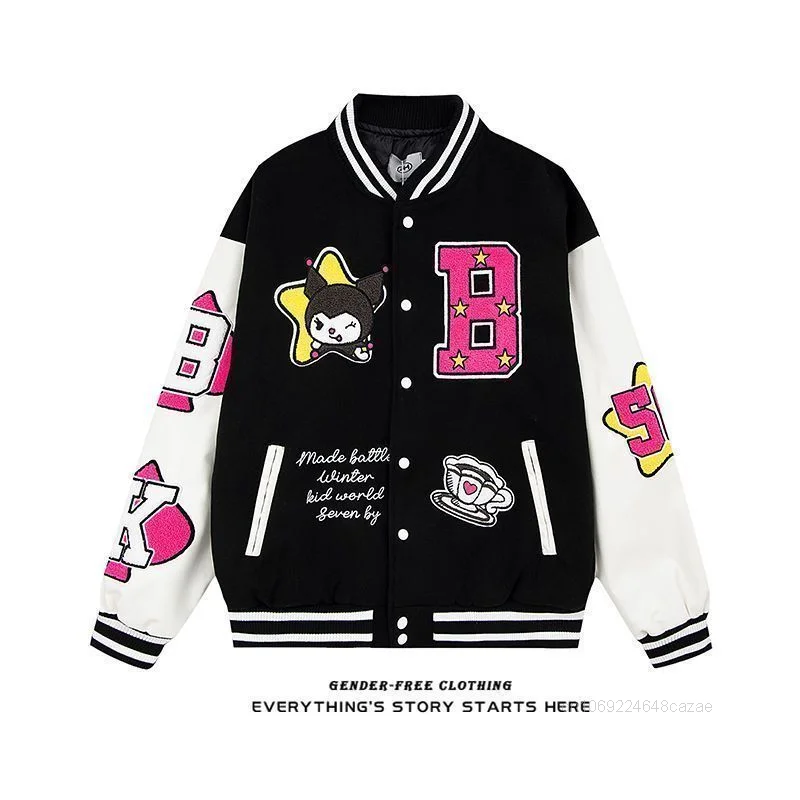 Kuromi Autumn Winter Dopamine Cute Splicing Jacket Women American Hip Hop Loose Trend Baseball Uniform Y2k Cool Girl Casual Top