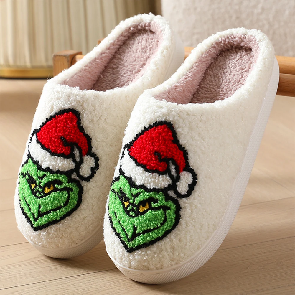 For Grinch Plush Slippers Flat Thermal Slippers Comfortable Fluffy Home Slippers Furry Green Monster Slippers for Indoor Bedroom